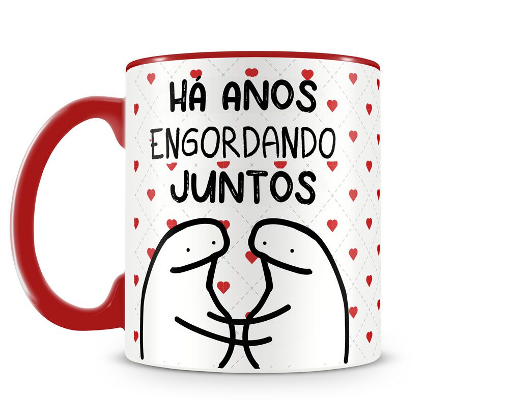 Caneca meme boneco palito flork há anos engordando juntos vermelha