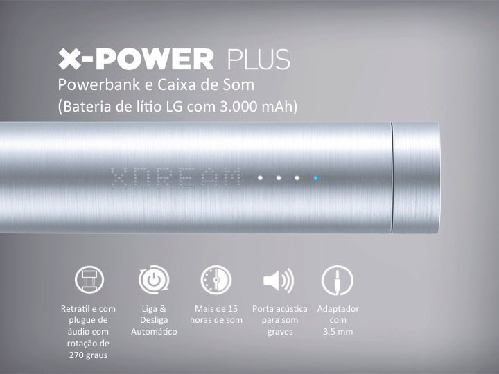 X-POWER PLUS Powerbank e Caixa de Som (Bateria de lítio LG com 3.000 mAh)  Retrátil e com plugue de áudio com rotação de 270 graus Liga e Desliga Automático Mais de 15 horas de som Porta acústica para som graves Adaptador com 3.5 mm