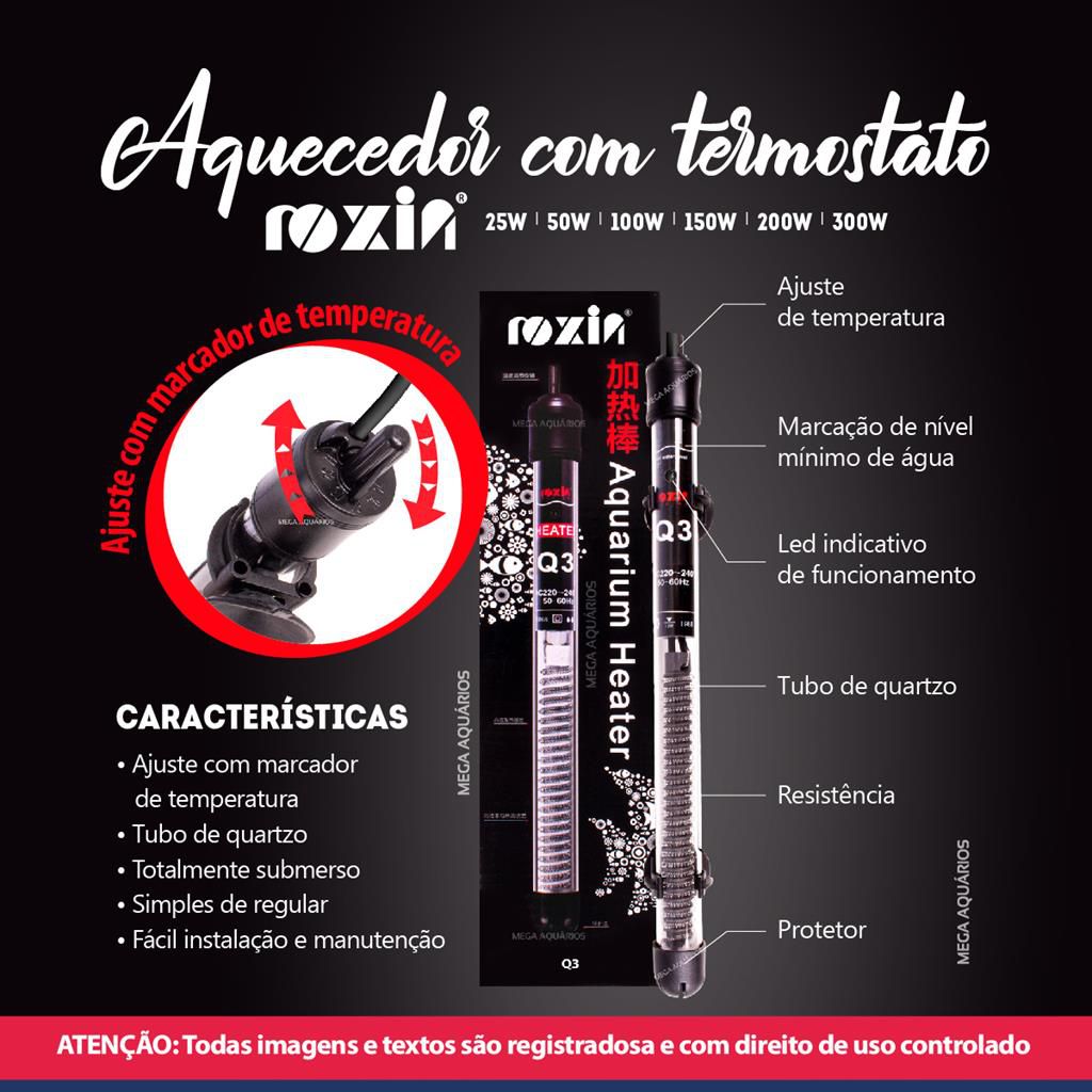 Termostato aquecedor Roxin Q3 100W aquario grande 100L termômetro