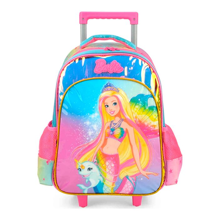 Mochila Escolar de Rodinhas Barbie Holográfica Rosa Infantil Shop