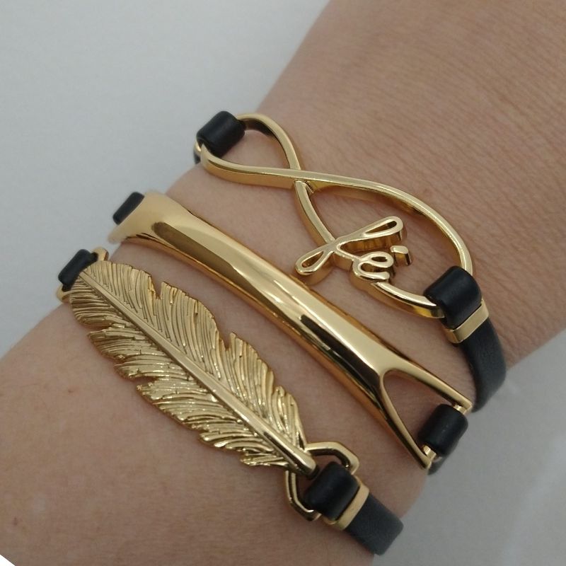 Mix De Pulseiras Douradas Courino Preto F E Vida Pr Spera