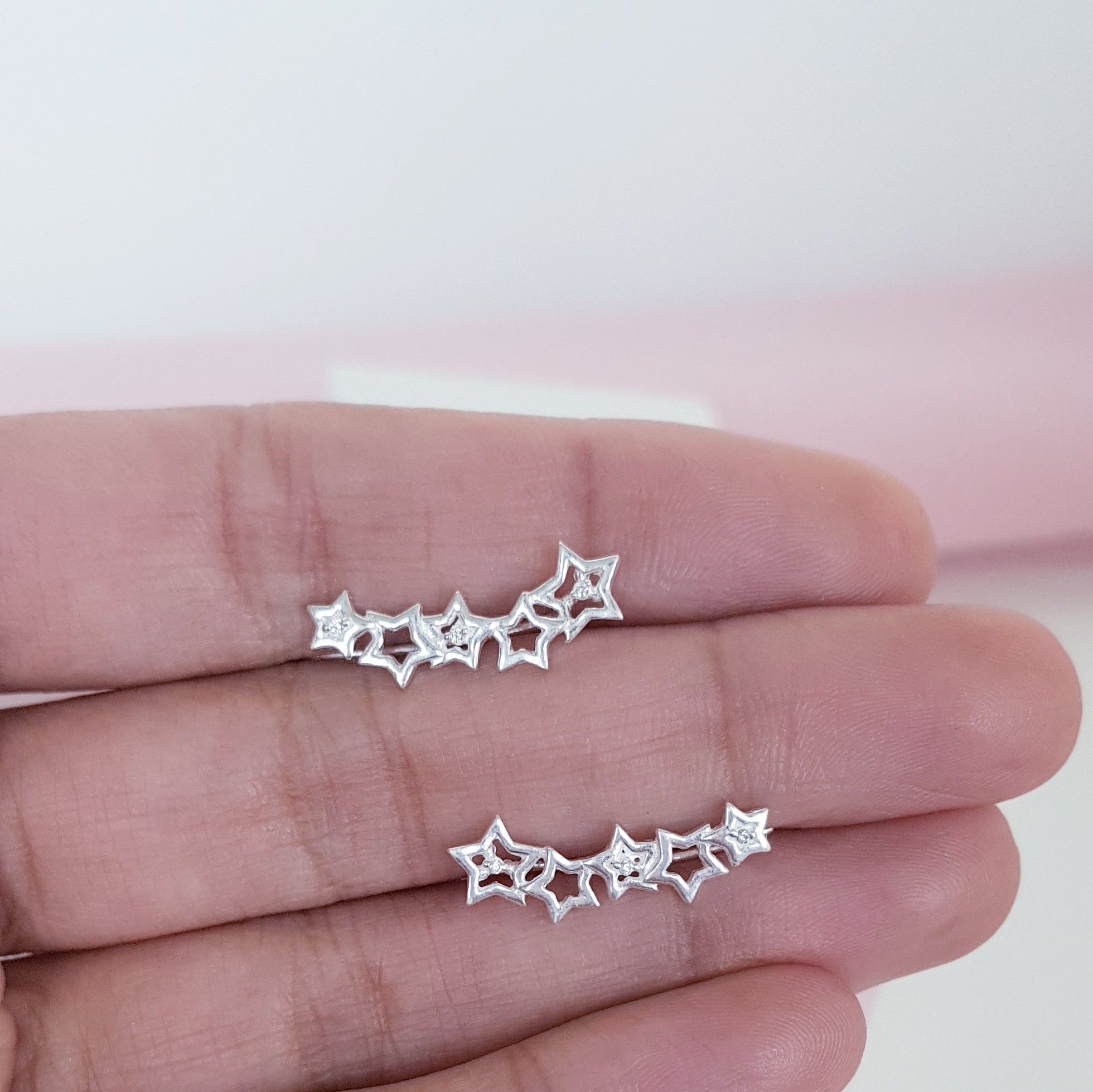 Brinco Ear Cuff Estrelas Detalhes De Zirconias Prata Rosa