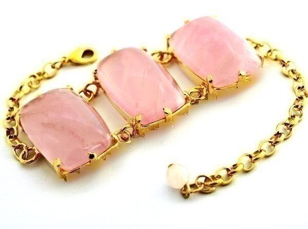 Bracelete 3 Pedras Naturais Quartzo Rosa Retangular Dourado Sojóias