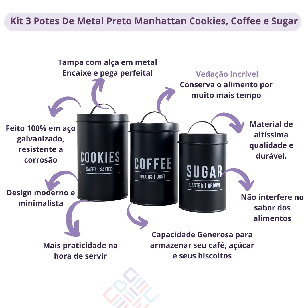 Kit 3 Potes Mantimentos Tampa Alça Coffee Sugar Cookies Preto Aço