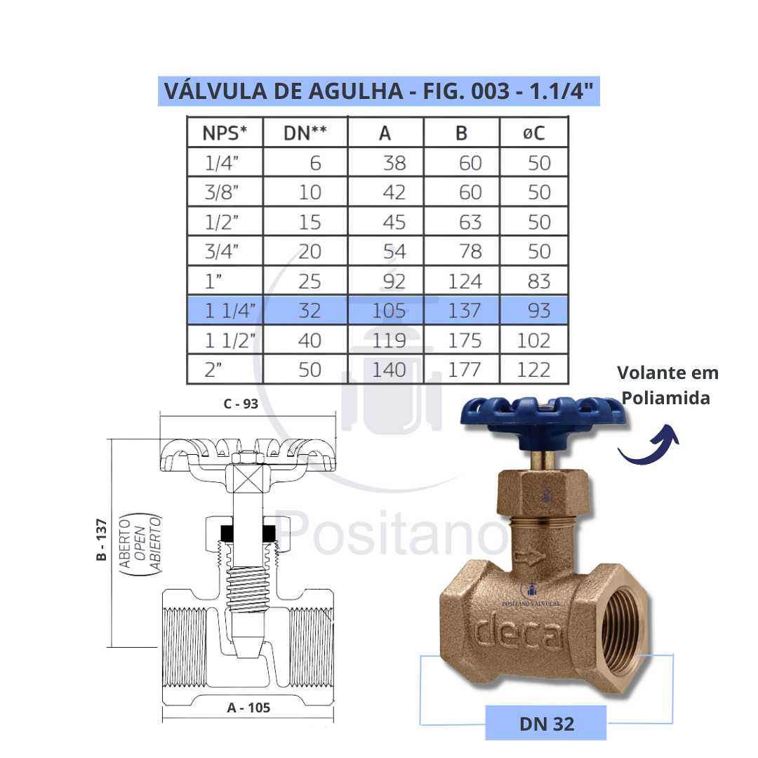 Válvula Globo Agulha De Bronze 1 1 4 BSP Fig 003 Deca Aços Positano