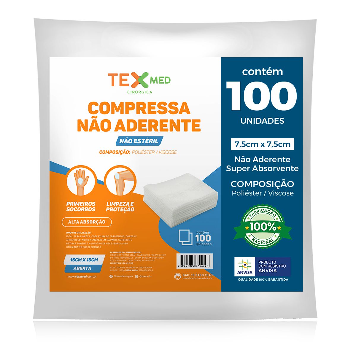 Compressa Não Aderente Texmed Premium 100 Unidades Casa da Gaze