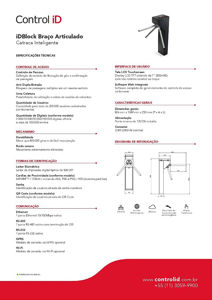 Catraca iDBlock Braço Articulado Biometria Cartão Senha 6 000