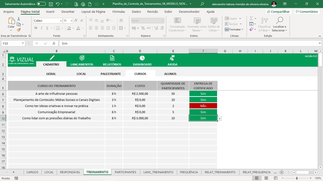 Planilha De Controle De Treinamentos Em Excel Vizual Planilhas