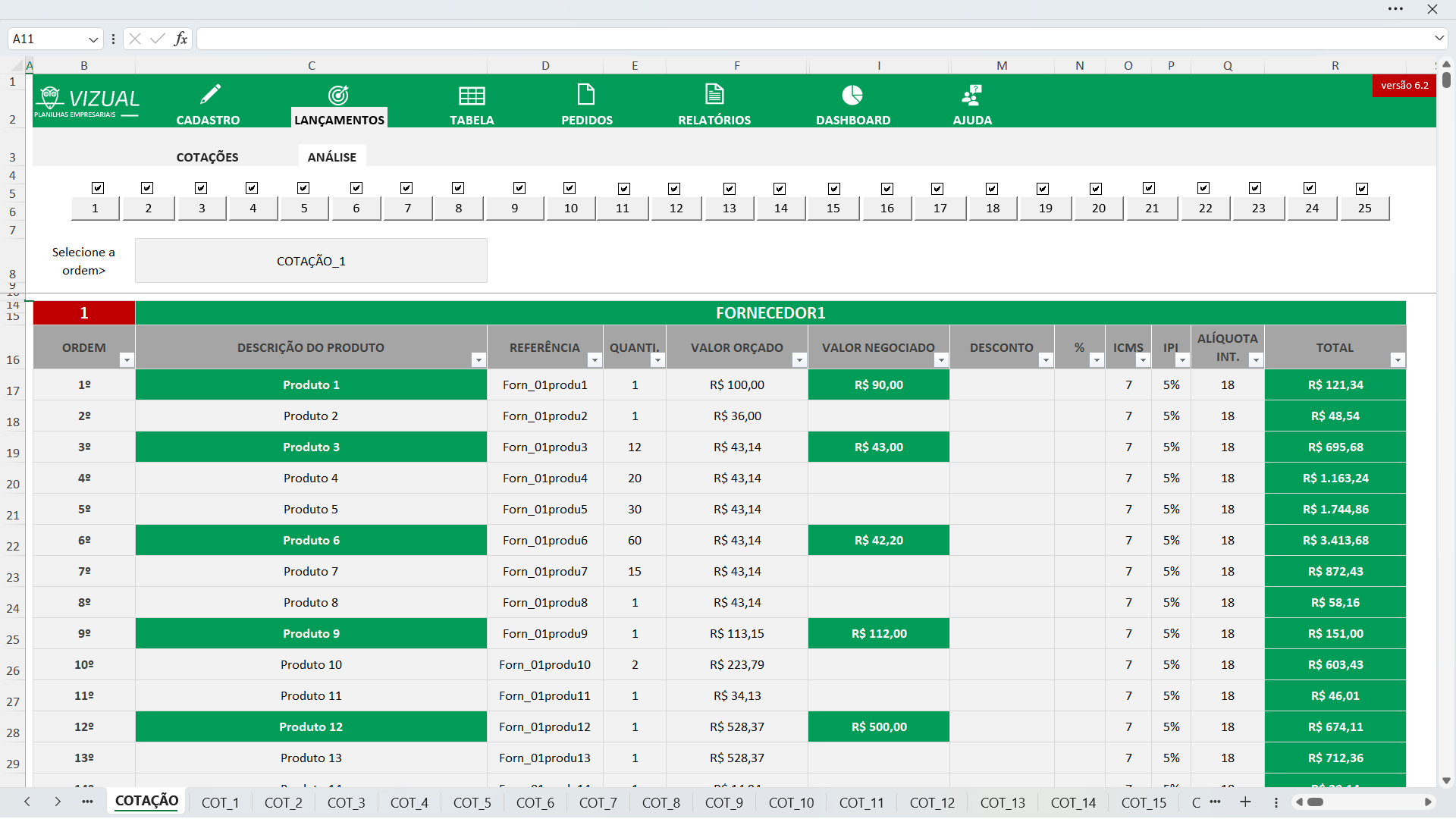 Planilha de Cotação de Preços Completa em Excel 6 2 Vizual Planilhas