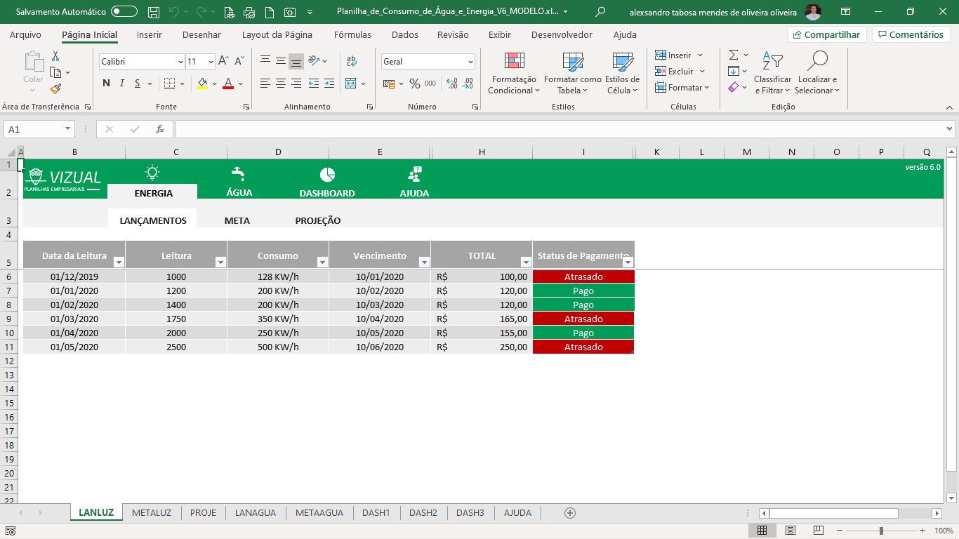 Planilha De Consumo De Gua E Energia Em Excel Vizual Planilhas