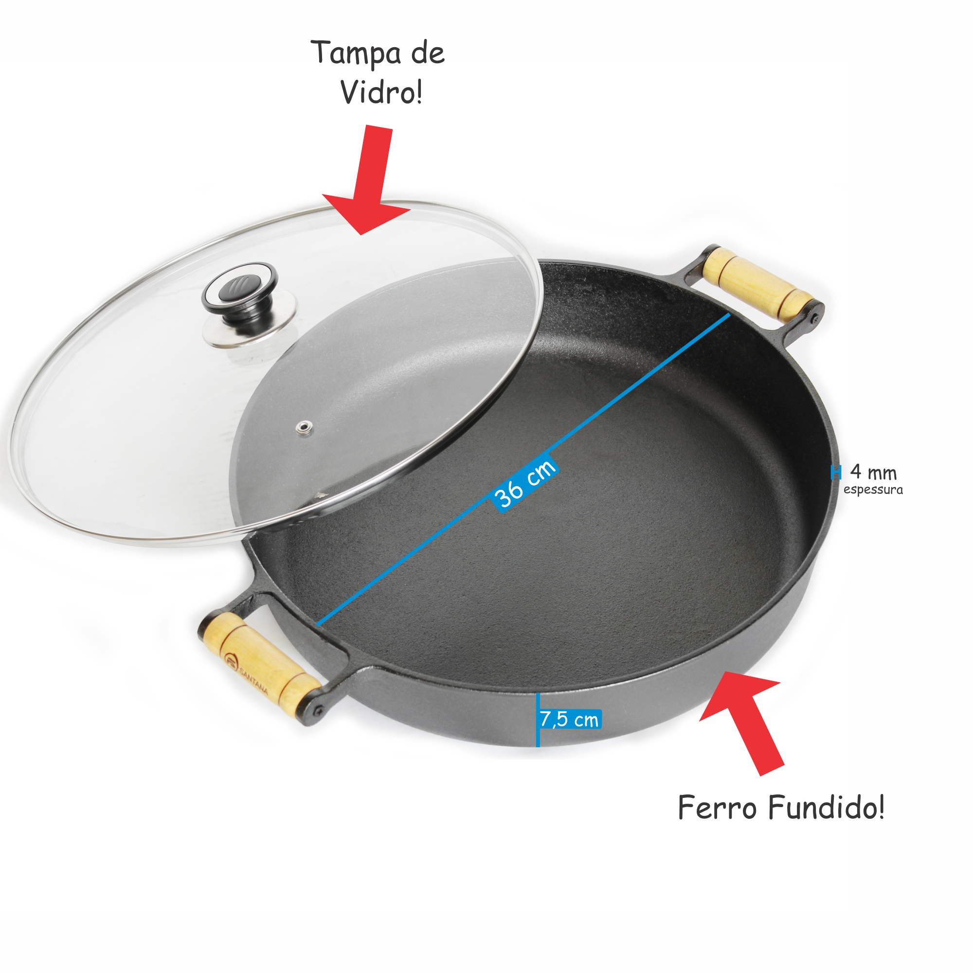 Frigideira de Ferro Fundido 36cm Profissional Alças e Tampa de