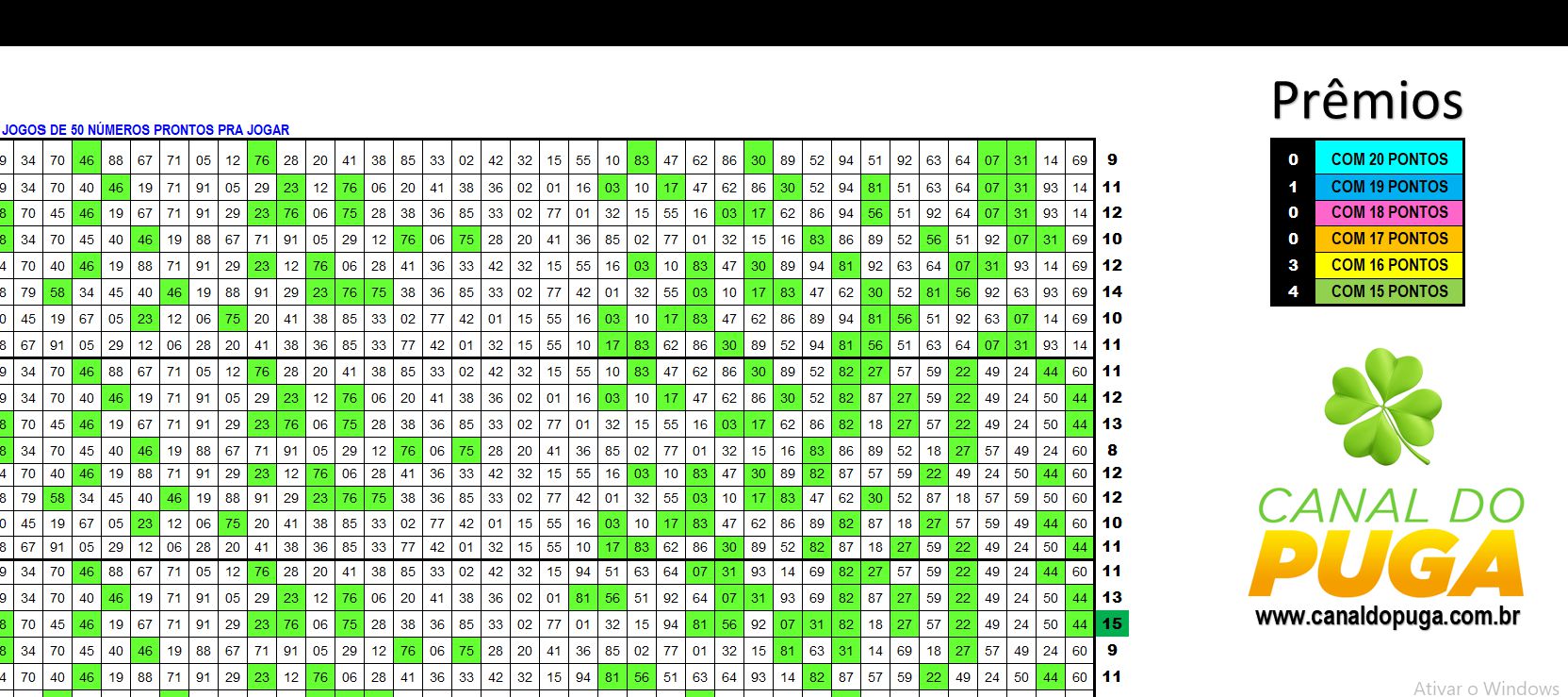 Planilha Lotomania Jogue 16 Grupos De 72 Dezenas Canal Do Puga