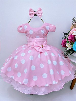 Vestido Infantil Minnie Rosa Bolinhas Brancas Laço Fabuloso Ateliê