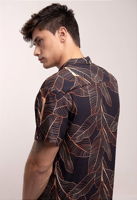 Camisa Masculina Estampada Manga Curta Viscose Folhagem Lav Bora