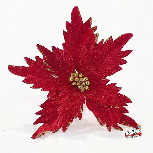 Flor De Natal Poinsetia Vermelha De Veludo Borda De Glitter Dourado