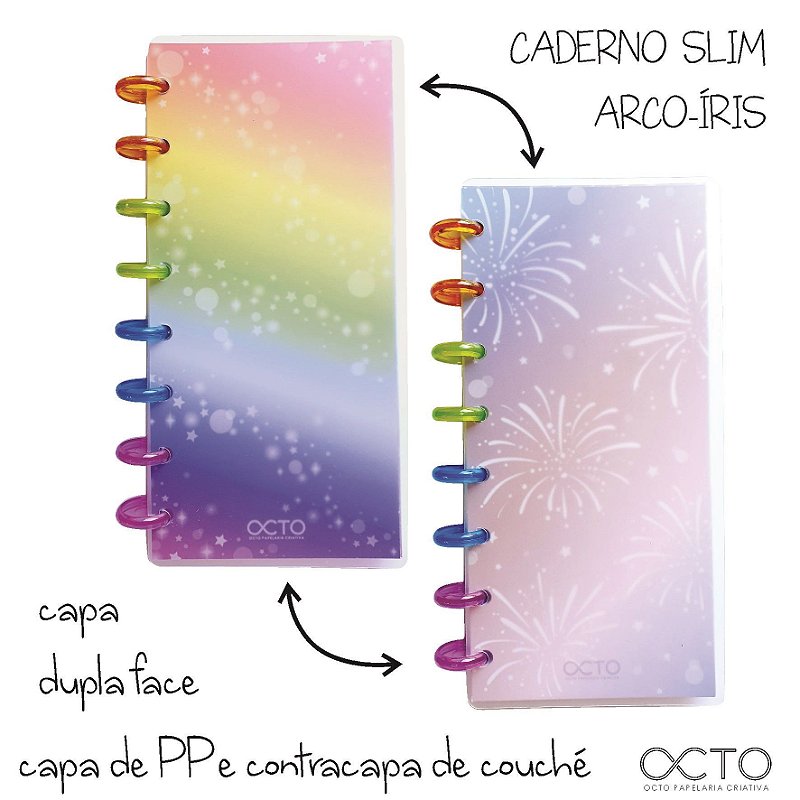 Caderno De DISCOS OCTO ARCO IRIS Tamanho Slim Papelaria Flor