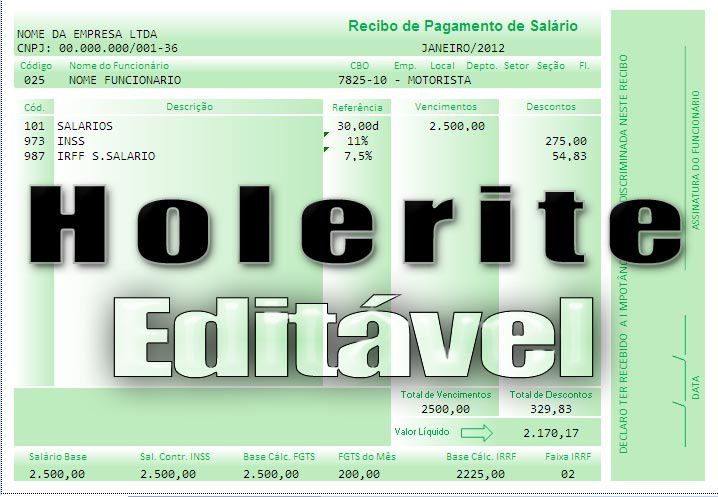 HOLERITE CONTRACHEQUE 100 EDITÁVEL NO EXCEL Cybercle2013