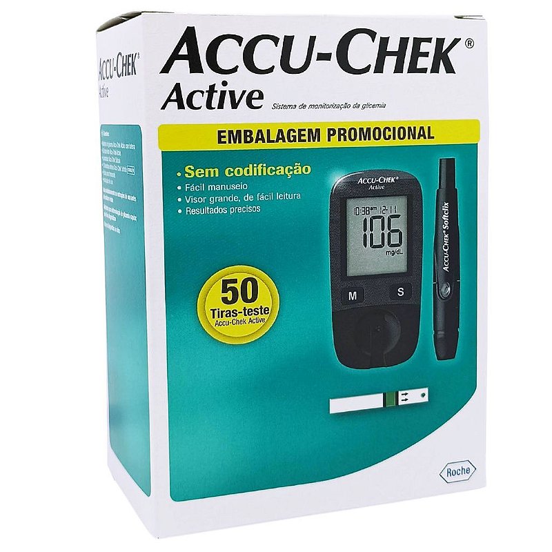 Kit Monitor De Glicemia Accu Chek Active 50 Tiras Teste