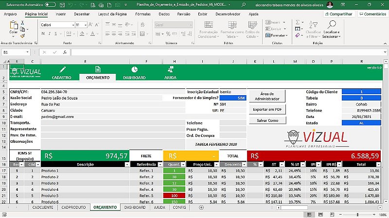 Planilha de Orçamento e Emissão de Pedidos Gold em Excel 6 0 Vizual