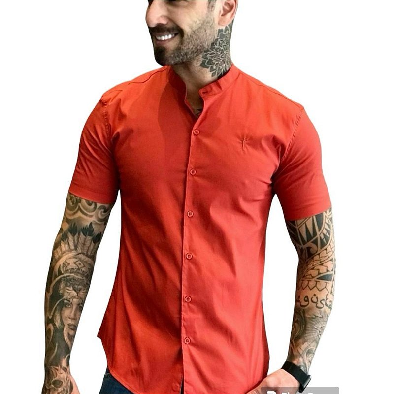 Camisa Slim Fit Curta Acetinada Gola Padre Tijolo Luik Modas Roupas E