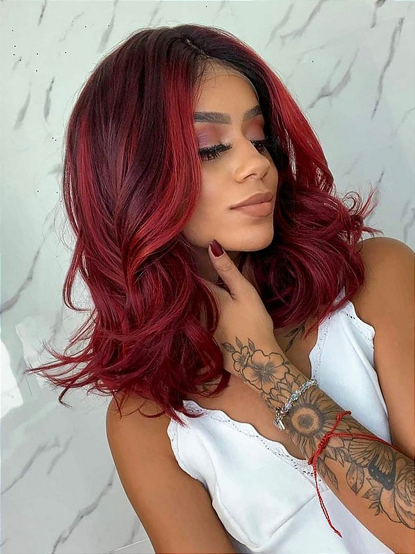 Lace Front Tela HD Every 21 Vermelho Raiz Preta Ondulada Kira