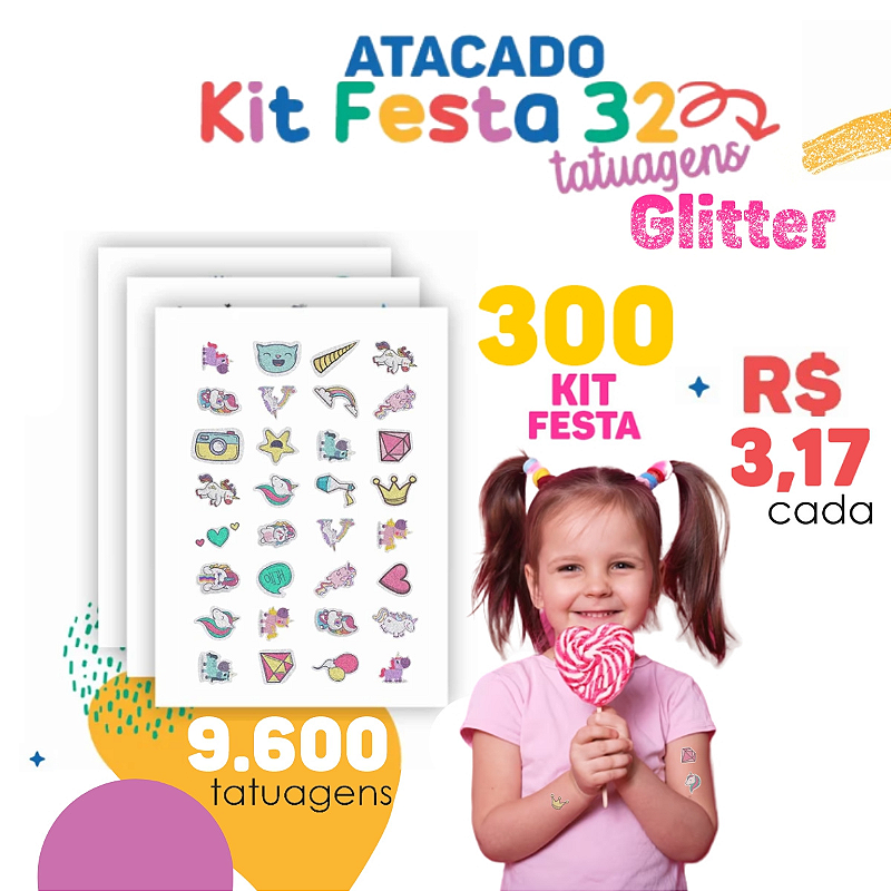 ATACADO Tatuagem Temporária 300 Cartelas de Kit Festa 32 Glitter 32