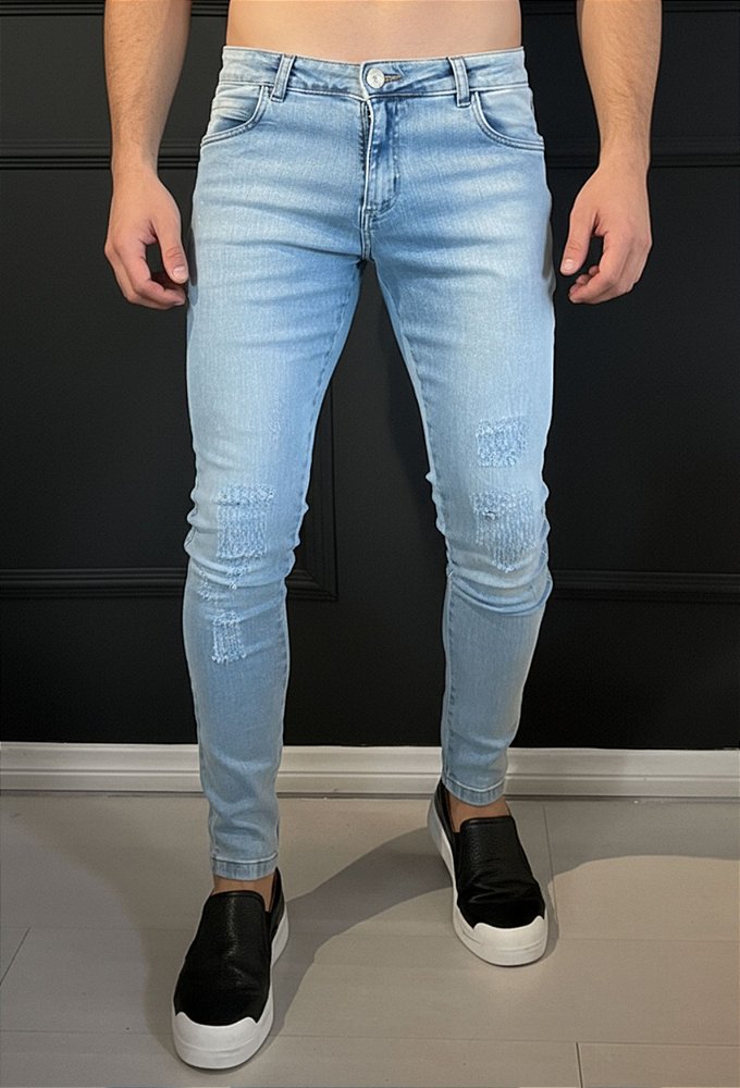 Calça Jeans Super Skinny Azul Claro com Puidos VIDIC▸® Loja