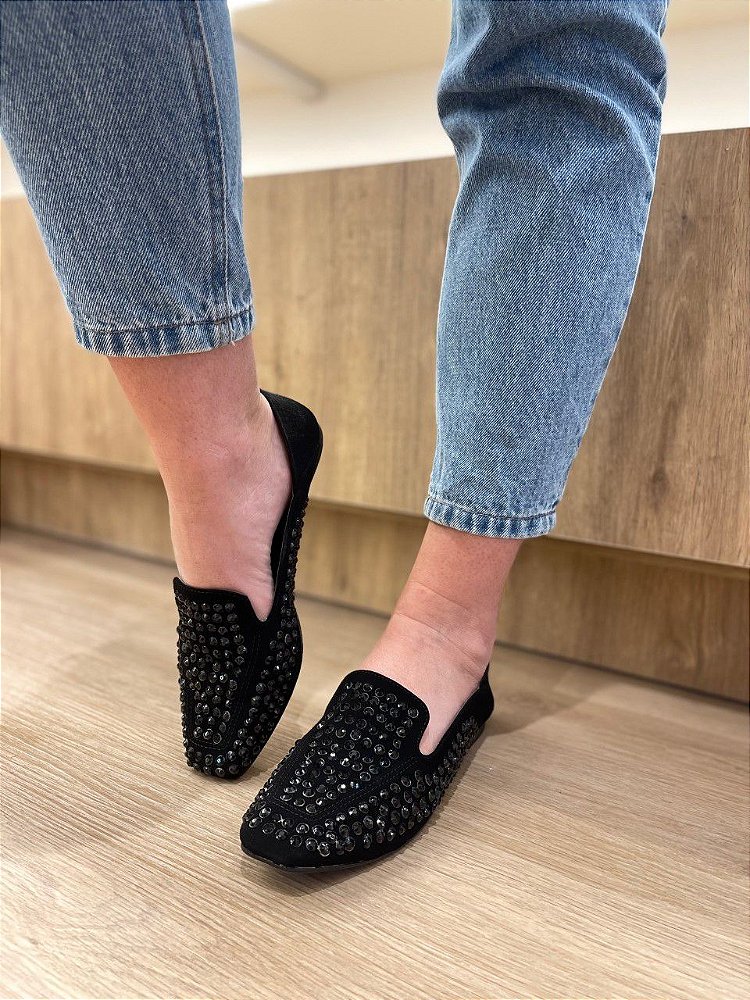 Mocassim Preto Aplicações Pedras Nívea - Evidence Acessórios