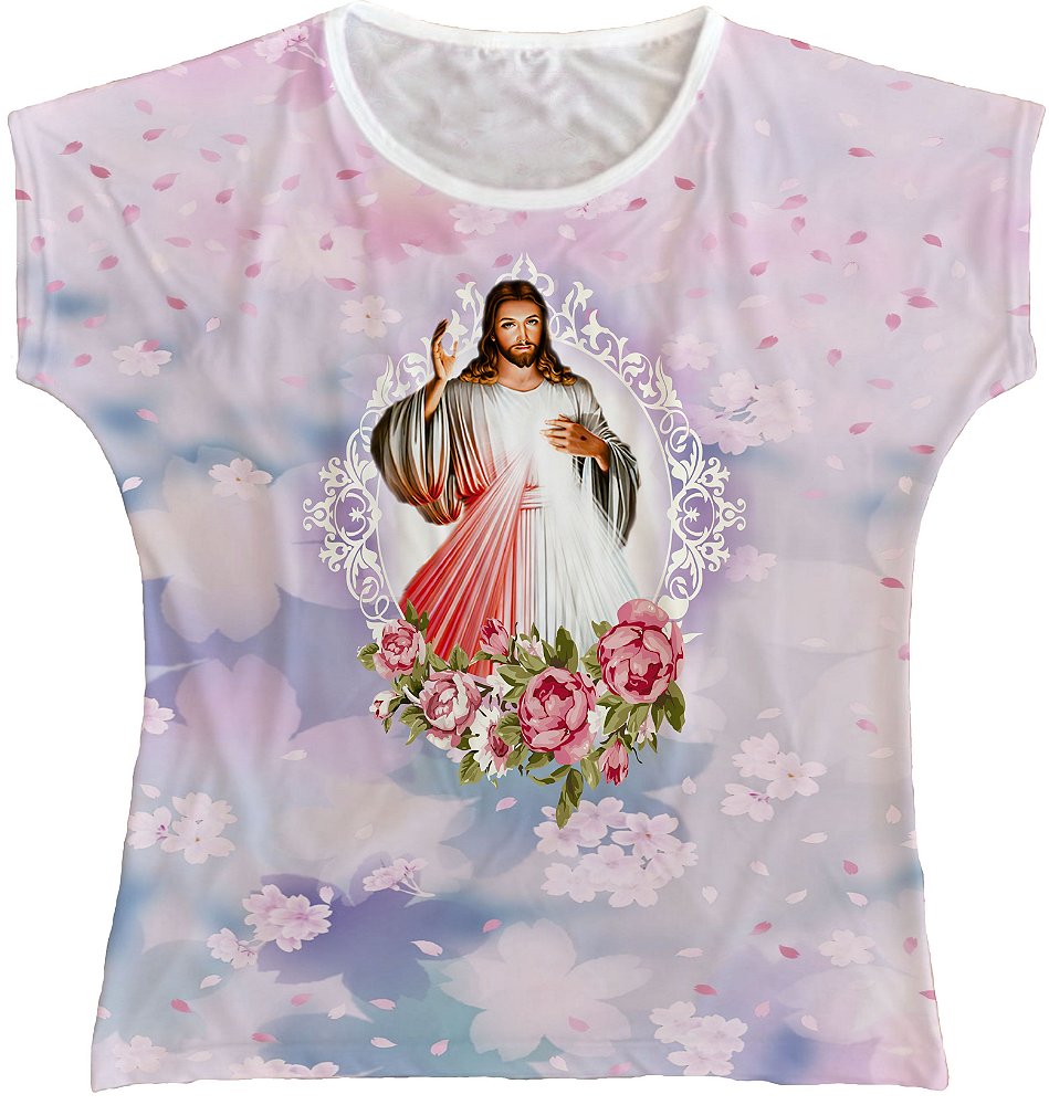 Blusa Feminina bata Jesus Misericordioso Rainha do Brasil - Rainha do  Brasil Camisetas Religiosas