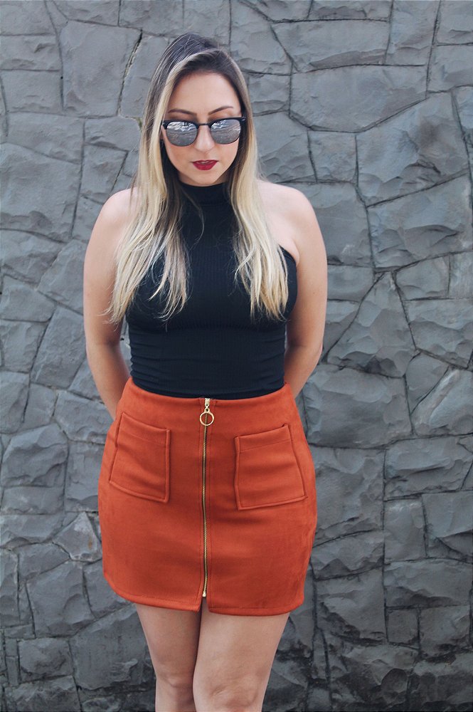 saia suede com ziper na frente