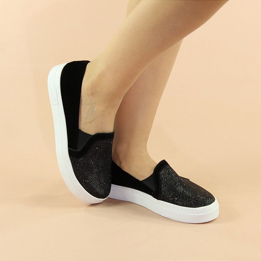 Tênis Slip On Feminino, preto, preto Glitter, palmilha conforte - Bela Faceira Calçados