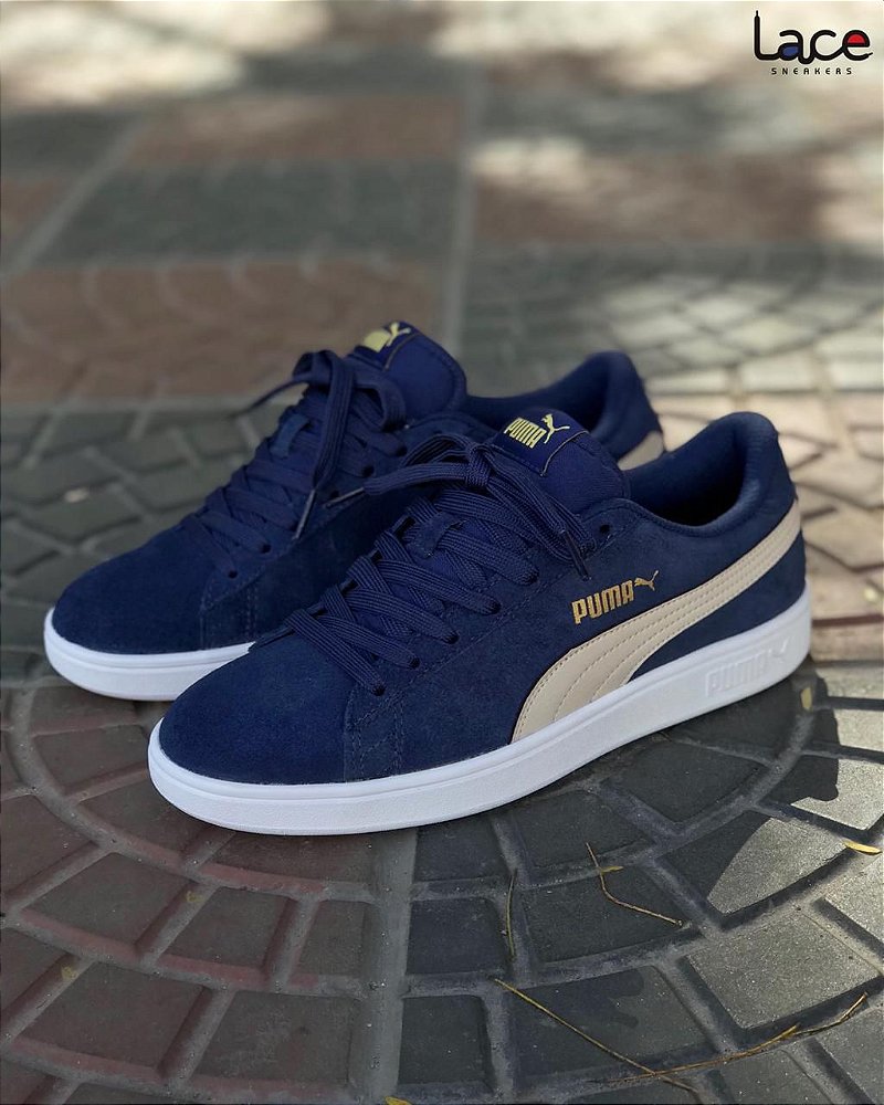 Tenis Puma Smash Azul Marinho com Bege - Lace Sneakers