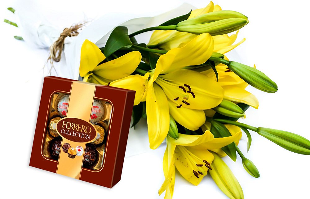 Kit Buquê Prosperidade de Lírios Amarelos + Ferrero Rocher - Estrela Flores