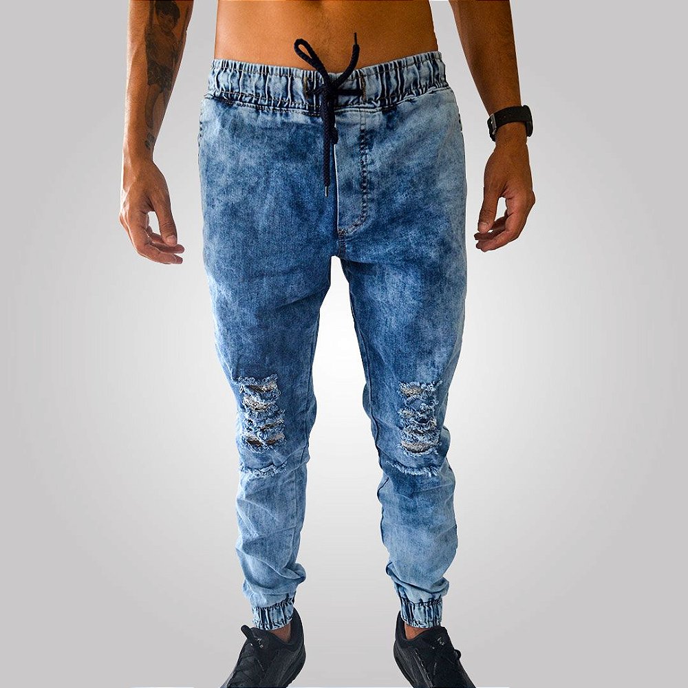 calça jogger jeans rasgada