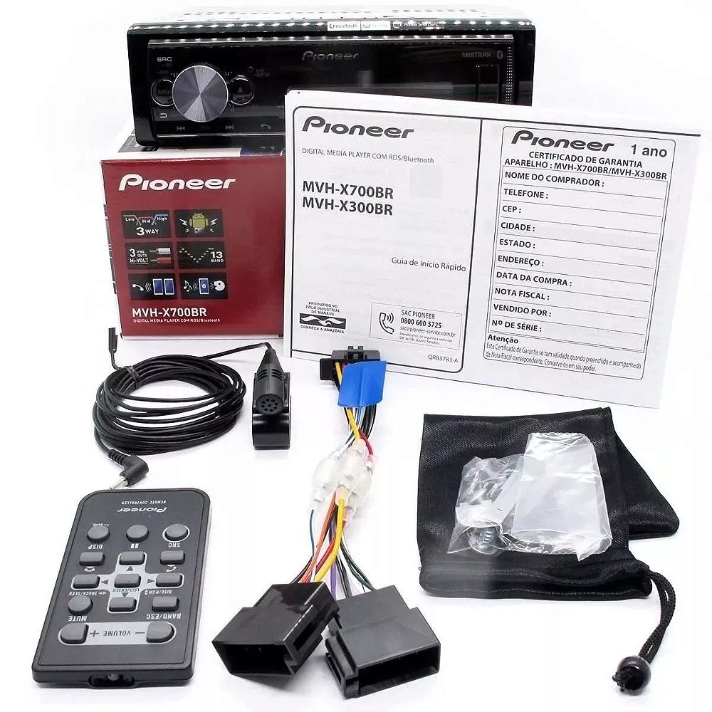 Rádio Automotivo Pioneer MVHX7000BR USB AUX Bluetooth MP3 Player 1 Din Spotify Mixtrax Sync