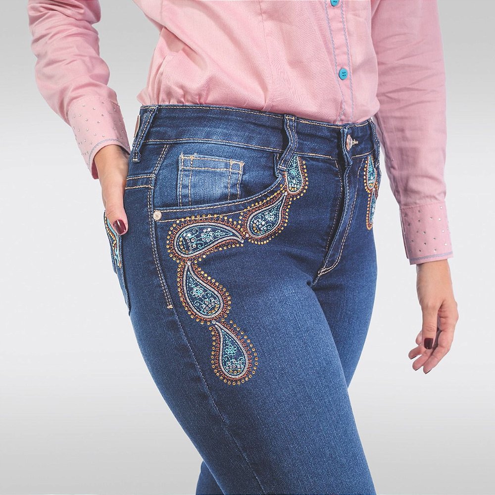 calça jeans country bordada