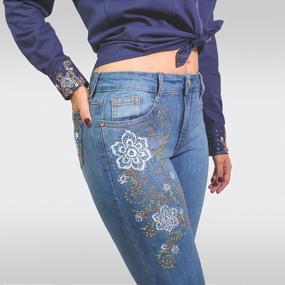 calça jeans country bordada