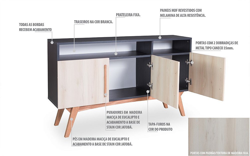Buffet Preto Dolores 2 Nichos 3 Portas Faia - Lampdecor