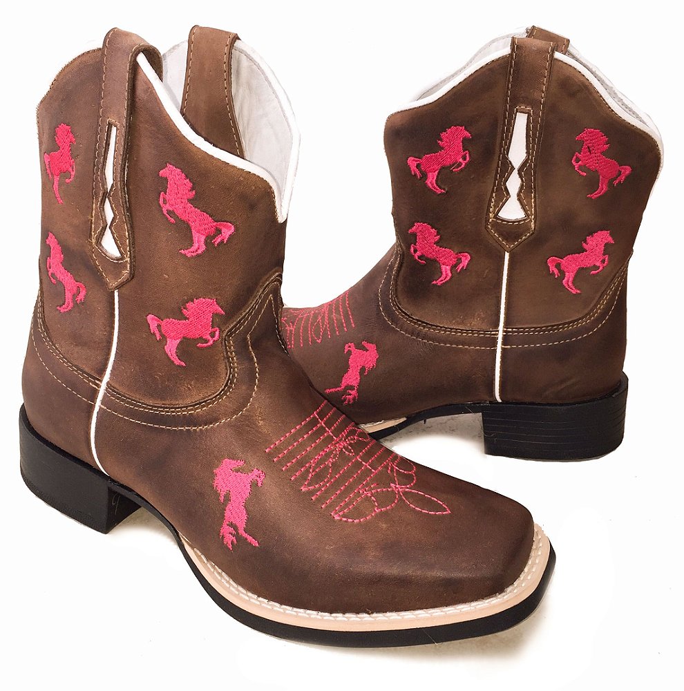 em Couro Bota Texana Feminina Cano Curto Horse Pink Bico Quadrado - Bruto  Botas