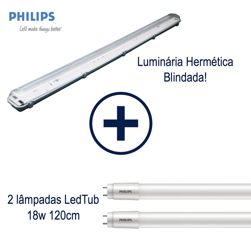 Kit Luminária Hermética Blindada + 2 Lâmpadas Tubular Philips