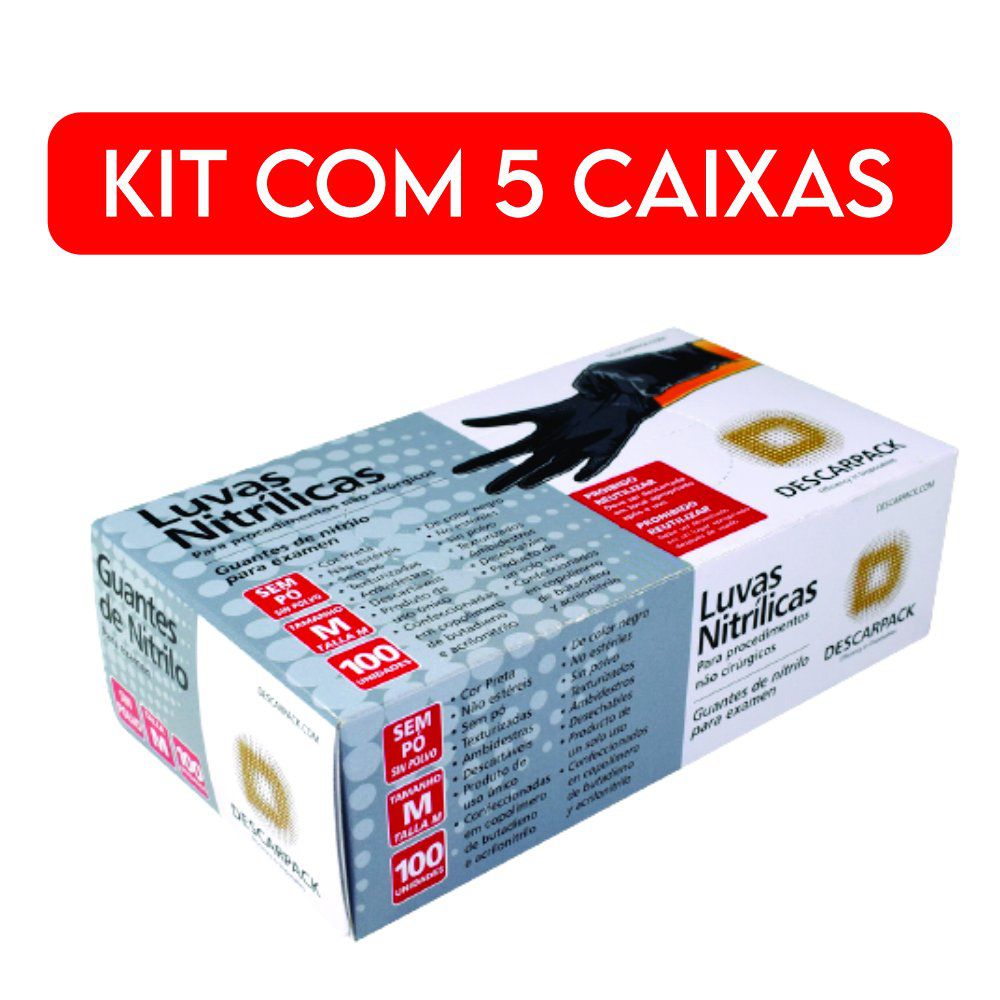 Luva Nitrilica Preta Sem Po TAM M (Kit 5 Caixas) Descarpack - Trief Medical