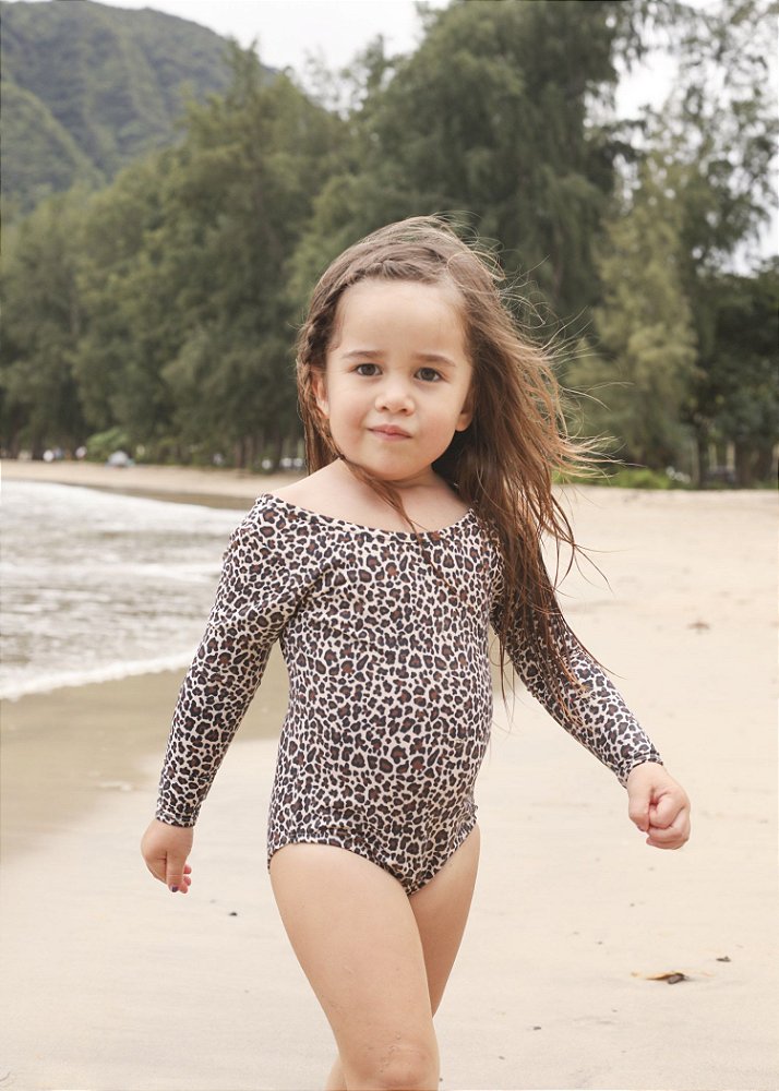 maiô infantil com manga estampado velzy onça moda praia infantil