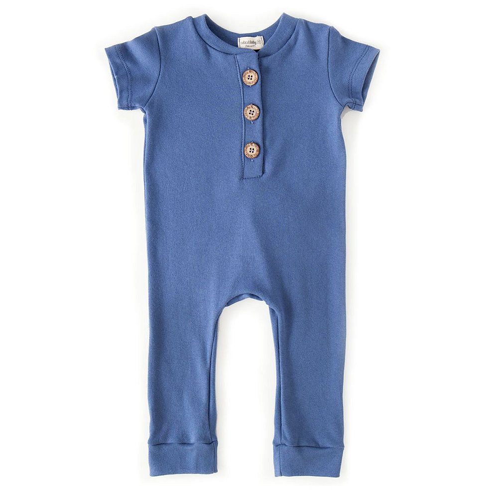 Macacao Manga Curta Botao Azul Denim Cuticutibaby Estampas Exclusivas