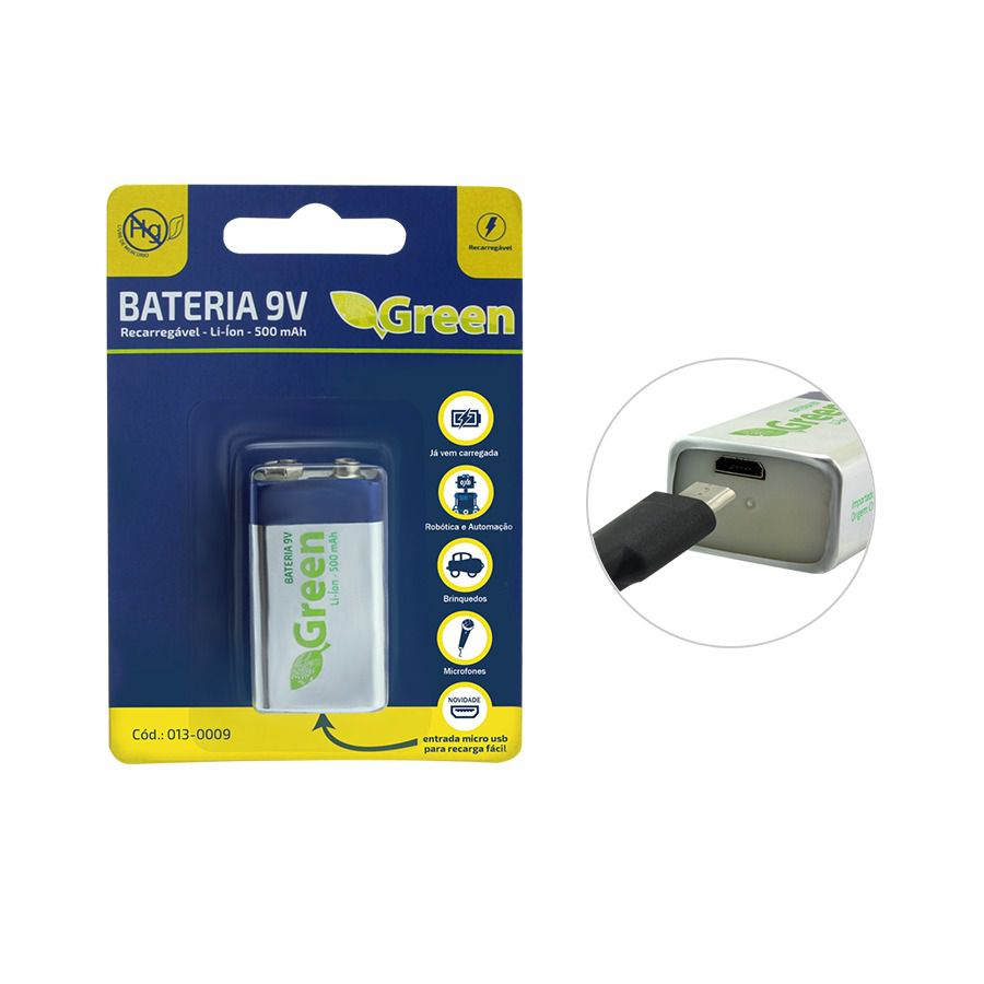 Bateria 9v Recarregável 500 mAh Com Entrada Micro Usb - Green - Masterlink