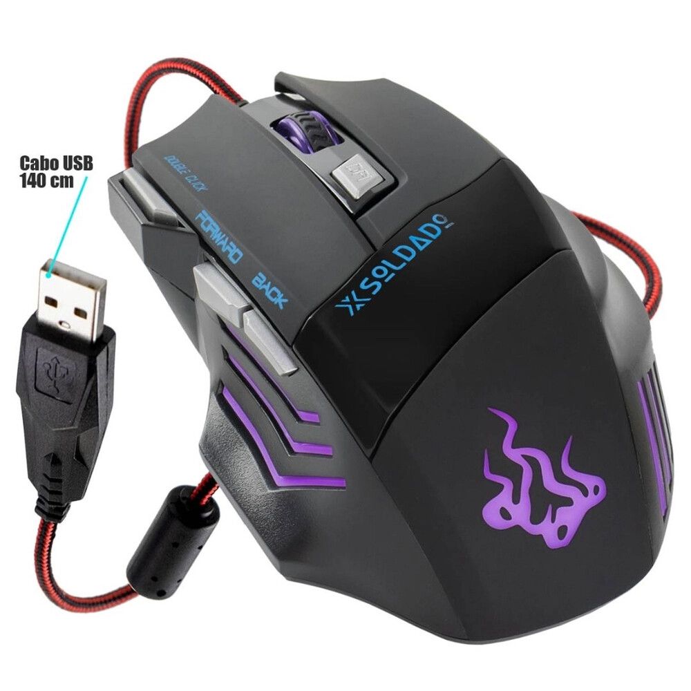 Mouse Gamer Soldado 3000dpi USB Preto 7 Cores De Luz De Led Peso Metal