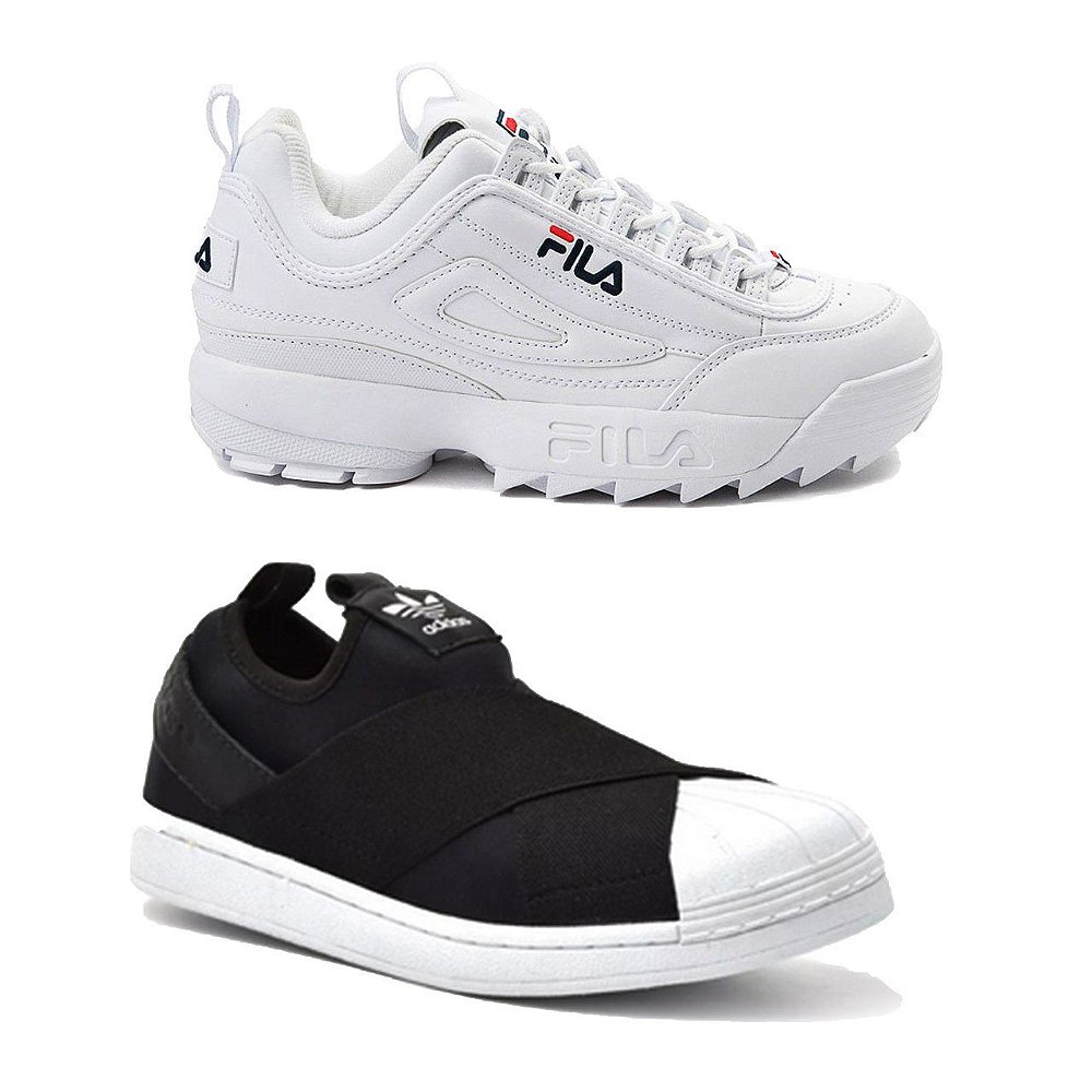 Kit 1 Tênis Fila Disruptor Branco + 1 Tênis Adidas Slip On Preto e Branco -  Damaster Shoes