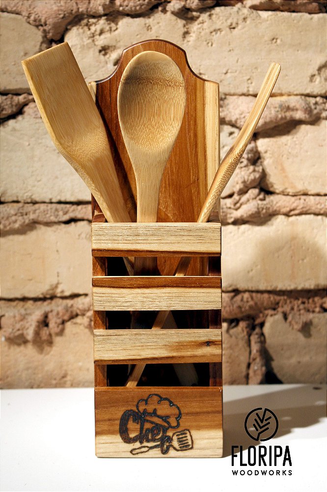Porta Talheres +colher Espátula De Bambu Kit 3 Peças - floripawoodworks