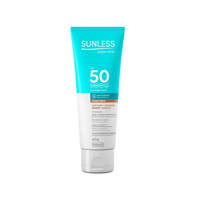 PROTETOR SOLAR FACIAL FPS 50 BRONZE SUNLESS 60G - Distribuidora dos