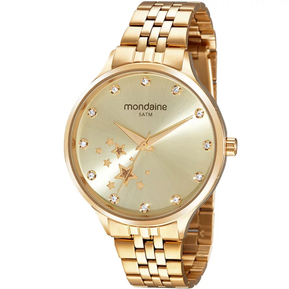 relógio mondaine feminino dourado com pedras