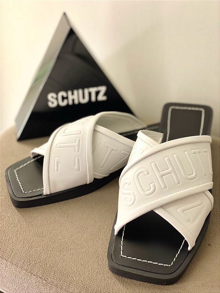 SCHUTZ RASTEIRA SLIDE QUADRADA COURO BRANCA - Conceito Rouparia